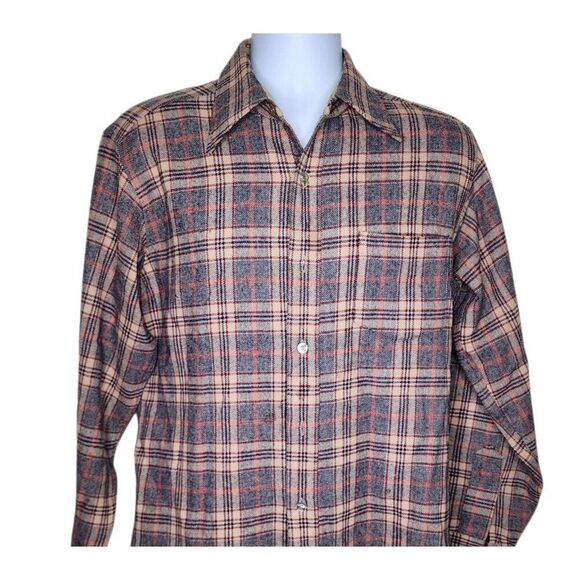 Vintage 70s Pendleton Long Sleeve Wool Button Up Shirt Mens M Plaid Beige - Picture 1 of 7